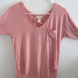 pink, thin, long sleeve cross top